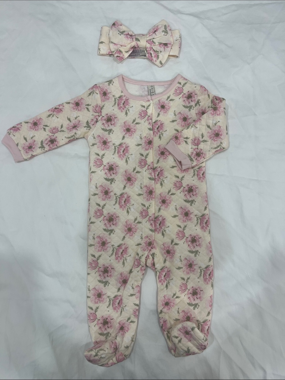 Cream and Pink Floral Footed One-Piece with Bow Headband